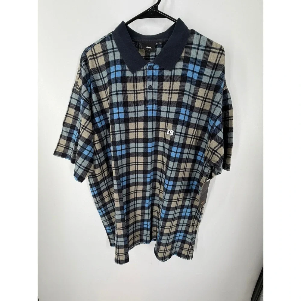 Vans Bellmoor Plaid Polo Shirt Men XL Blue Navy Tan Loose Fit VN000KUNE88 NWT